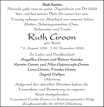 Traueranzeige von Ruth Groon von Nordwest-Zeitung