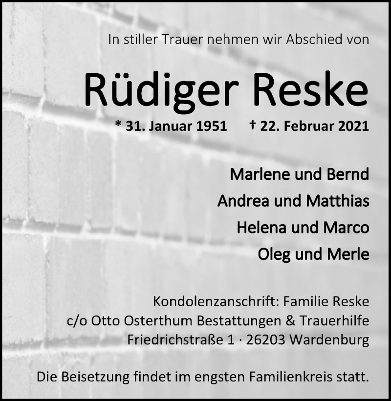  Traueranzeige für Rüdiger Reske vom 26.02.2021 aus Nordwest-Zeitung