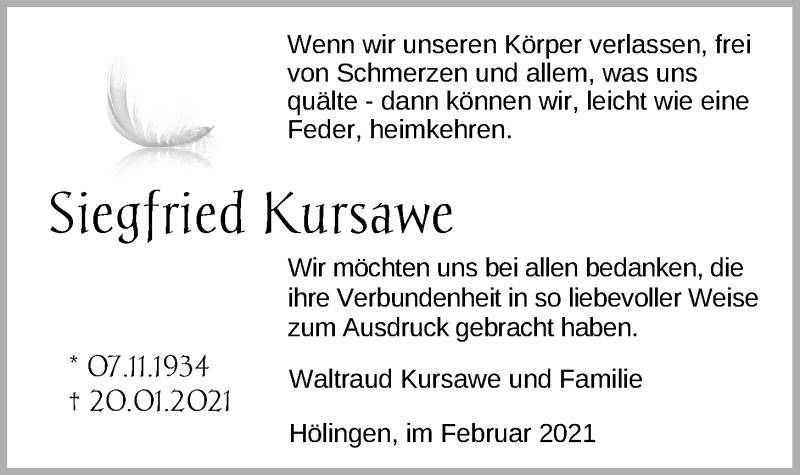  Traueranzeige für Siegfried Kursawe vom 13.02.2021 aus Nordwest-Zeitung