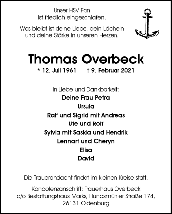 Traueranzeige von Thomas Overbeck von Nordwest-Zeitung