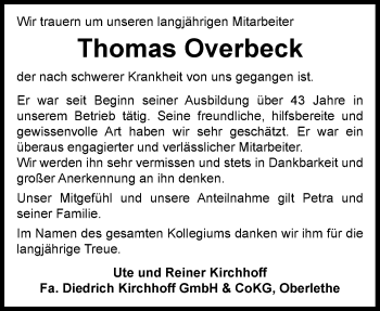 Traueranzeige von Thomas Overbeck von Nordwest-Zeitung