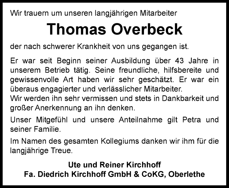  Traueranzeige für Thomas Overbeck vom 13.02.2021 aus Nordwest-Zeitung