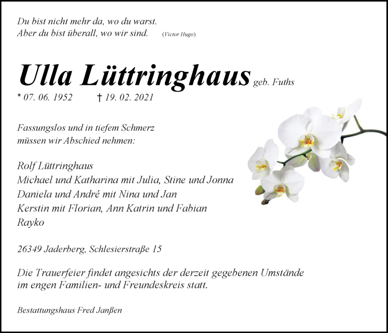  Traueranzeige für Ulla Lüttringhaus vom 23.02.2021 aus Nordwest-Zeitung
