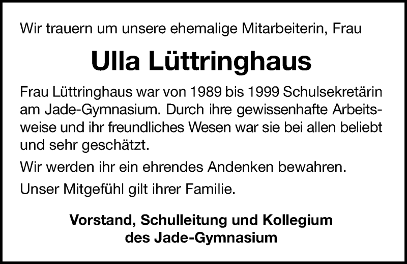  Traueranzeige für Ulla Lüttringhaus vom 24.02.2021 aus Nordwest-Zeitung