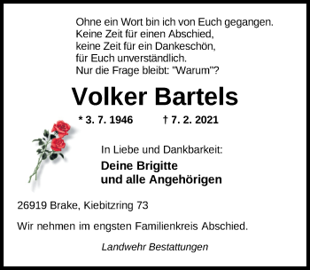 Traueranzeige von Volker Bartels von Nordwest-Zeitung