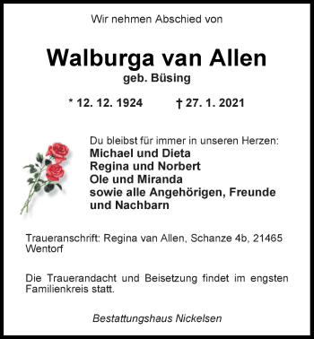 Traueranzeige von Walburga van Allen von Nordwest-Zeitung