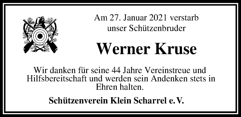  Traueranzeige für Werner Kruse vom 01.02.2021 aus Nordwest-Zeitung