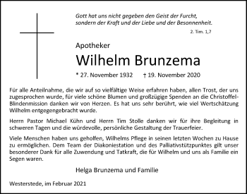 Traueranzeige von Wilhelm Brunzema von Nordwest-Zeitung