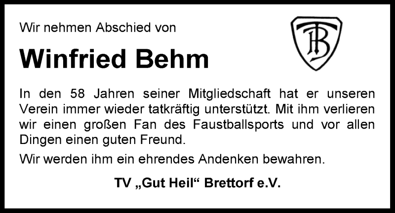  Traueranzeige für Winfried Behm vom 17.02.2021 aus Nordwest-Zeitung