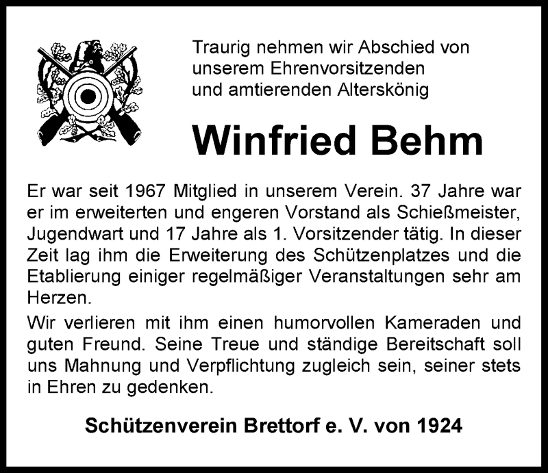  Traueranzeige für Winfried Behm vom 17.02.2021 aus Nordwest-Zeitung