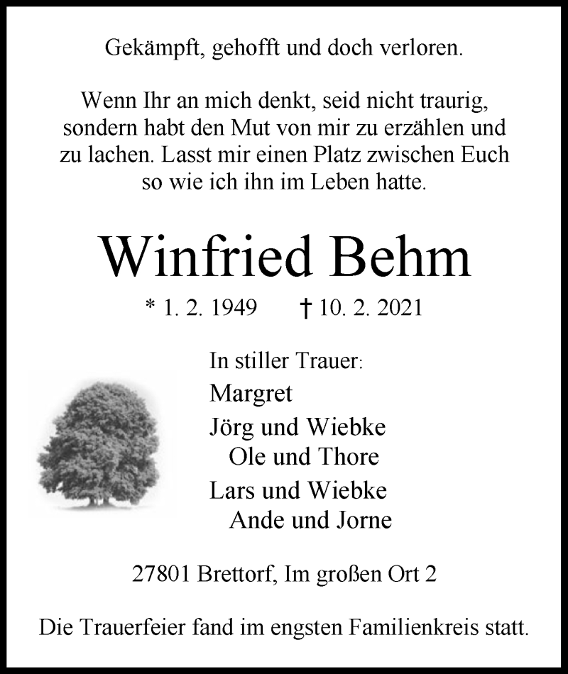  Traueranzeige für Winfried Behm vom 17.02.2021 aus Nordwest-Zeitung