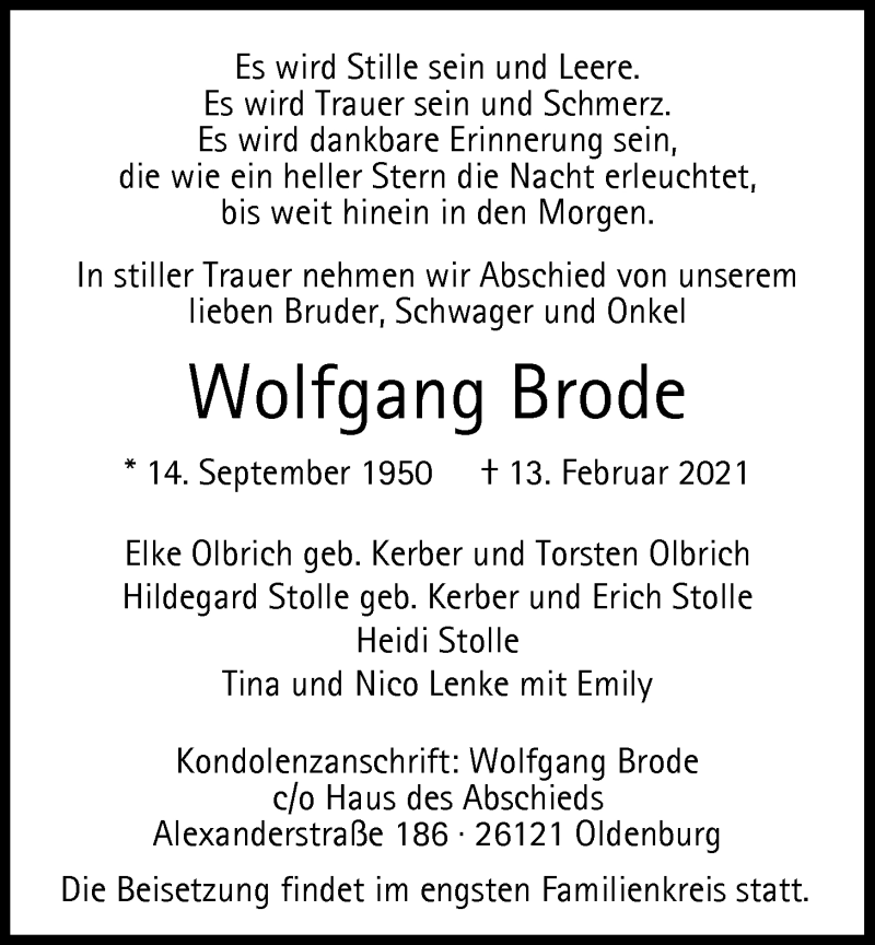  Traueranzeige für Wolfgang Brode vom 20.02.2021 aus Nordwest-Zeitung