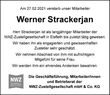Traueranzeige von Werner Strackerjan von Nordwest-Zeitung
