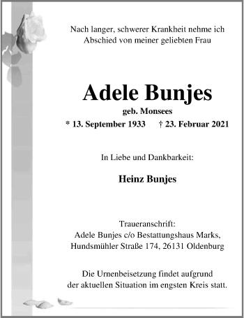 Traueranzeige von Adele Bunjes von Nordwest-Zeitung