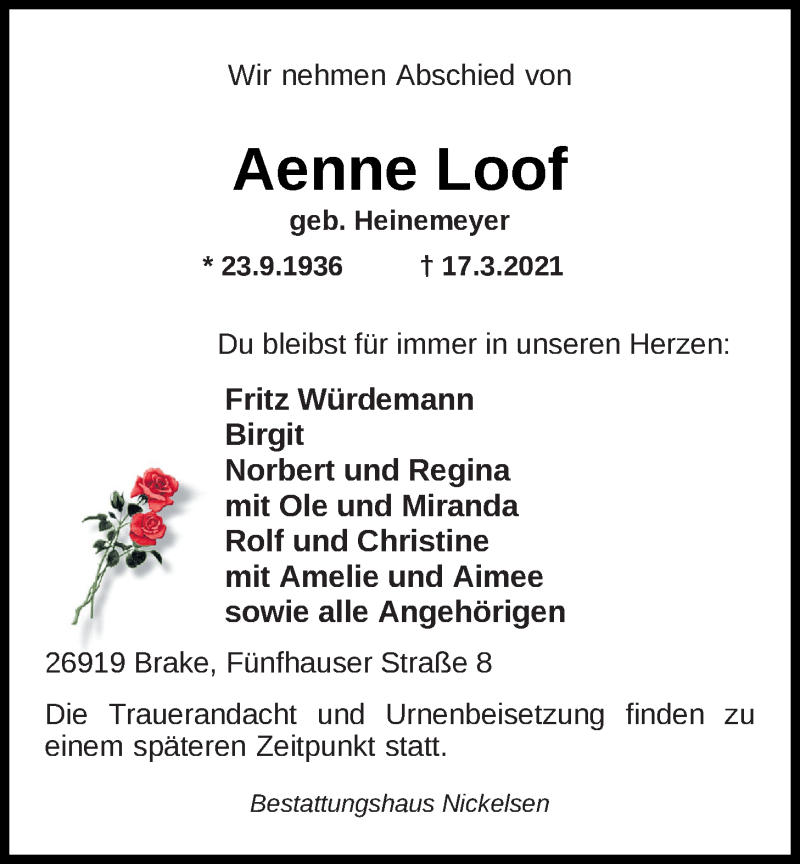  Traueranzeige für Aenne Loof vom 27.03.2021 aus Nordwest-Zeitung