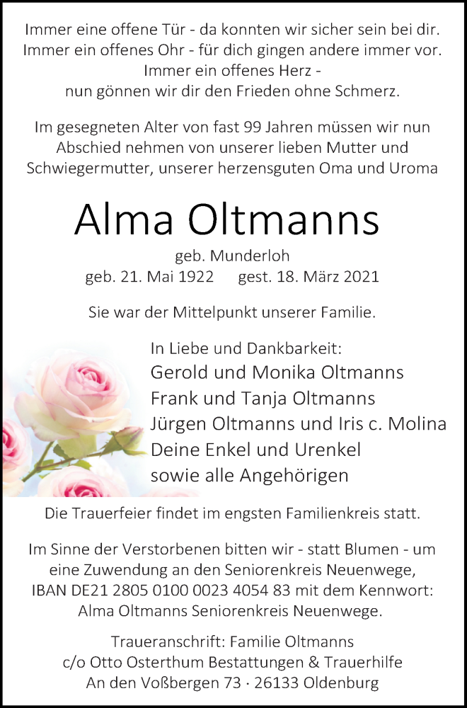  Traueranzeige für Alma Oltmanns vom 23.03.2021 aus Nordwest-Zeitung