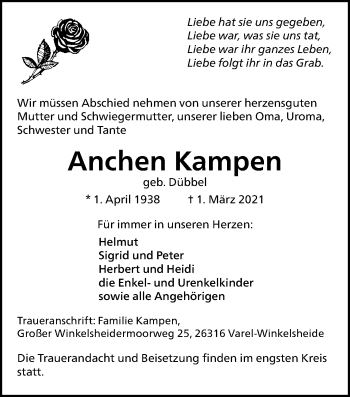 Traueranzeige von Anchen Kampen von Nordwest-Zeitung