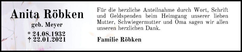  Traueranzeige für Anita Röbken vom 20.03.2021 aus Nordwest-Zeitung