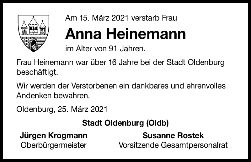  Traueranzeige für Anna Heinemann vom 25.03.2021 aus Nordwest-Zeitung