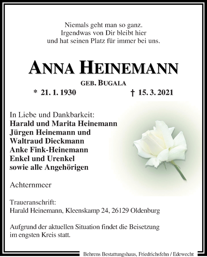  Traueranzeige für Anna Heinemann vom 23.03.2021 aus Nordwest-Zeitung