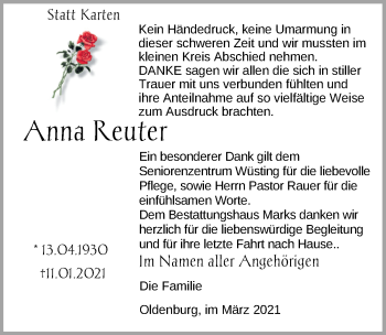 Traueranzeige von Anna Reuter von Nordwest-Zeitung