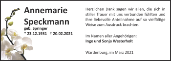 Traueranzeige von Annemarie Speckmann von Nordwest-Zeitung