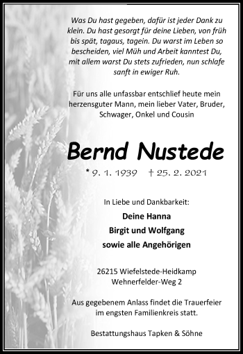Traueranzeige von Bernd Nustede von Nordwest-Zeitung