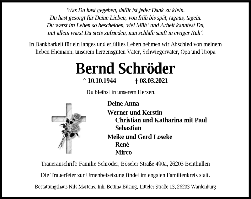 Traueranzeige für Bernd Schröder vom 13.03.2021 aus Nordwest-Zeitung