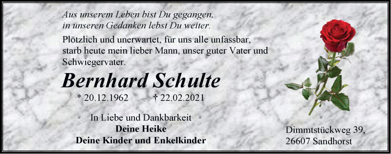  Traueranzeige für Bernhard Schulte vom 06.03.2021 aus Emder Zeitung