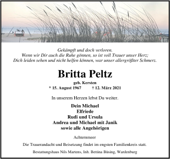 Traueranzeige von Britta Peltz von Nordwest-Zeitung