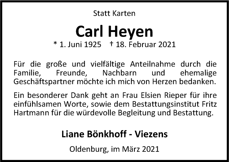  Traueranzeige für Carl Heyen vom 20.03.2021 aus Nordwest-Zeitung