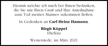 Traueranzeige von Carl Heinz Hamann von Nordwest-Zeitung