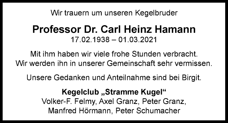  Traueranzeige für Carl Heinz Hamann vom 06.03.2021 aus Nordwest-Zeitung