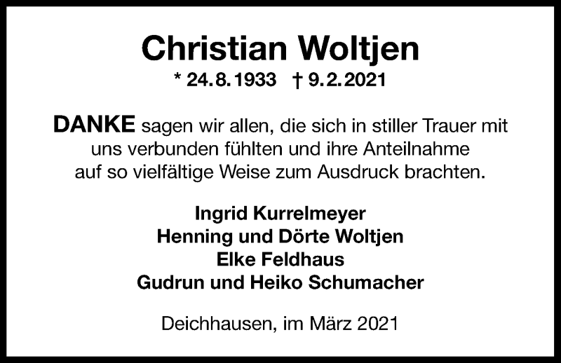  Traueranzeige für Christian Woltjen vom 20.03.2021 aus Nordwest-Zeitung