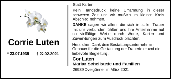 Traueranzeige von Corrie Luten von Nordwest-Zeitung