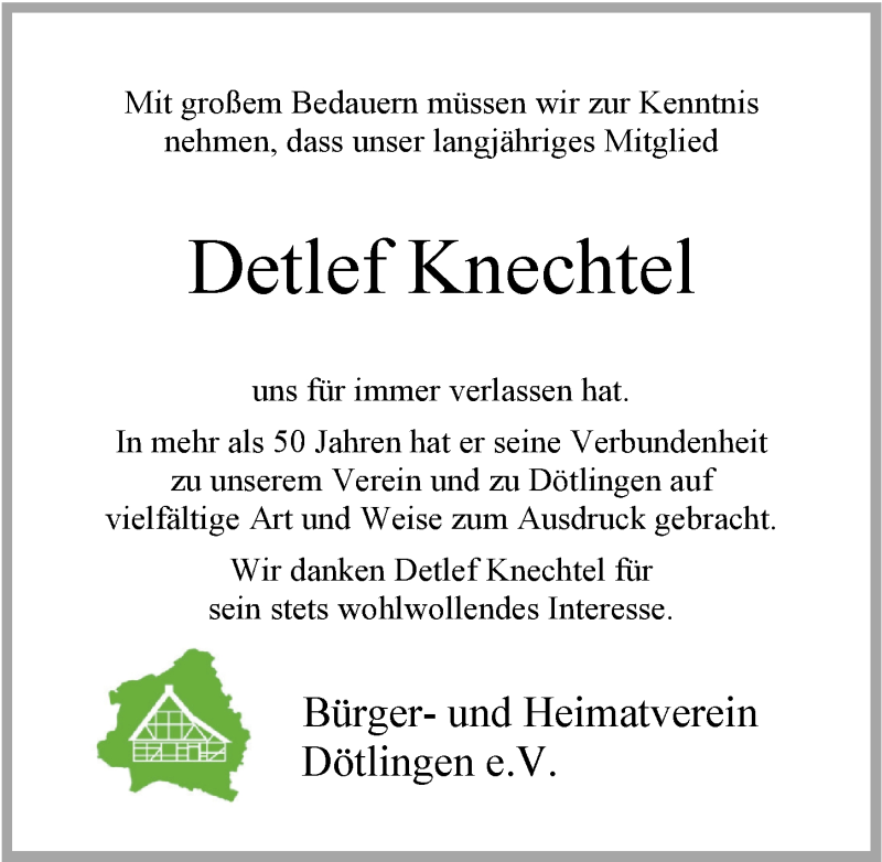  Traueranzeige für Detlef Knechtel vom 06.03.2021 aus Nordwest-Zeitung