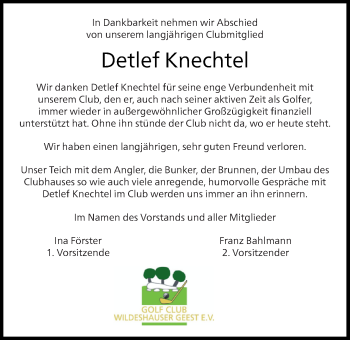 Traueranzeige von Detlef Knechtel von Nordwest-Zeitung