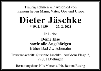 Traueranzeige von Dieter Jäschke von Nordwest-Zeitung