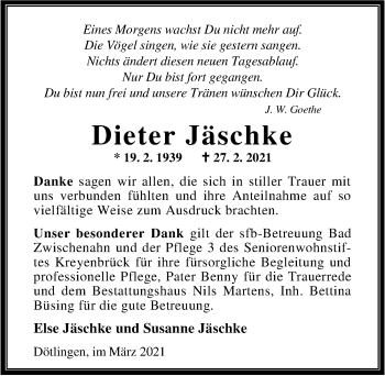 Traueranzeige von Dieter Jäschke von Nordwest-Zeitung