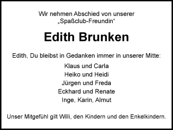 Traueranzeige von Edith Brunken von Nordwest-Zeitung