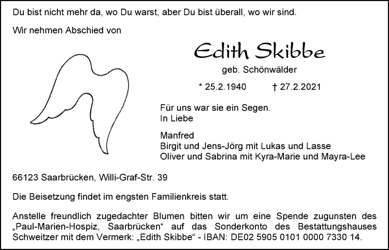  Traueranzeige für Edith Skibbe vom 15.03.2021 aus Nordwest-Zeitung