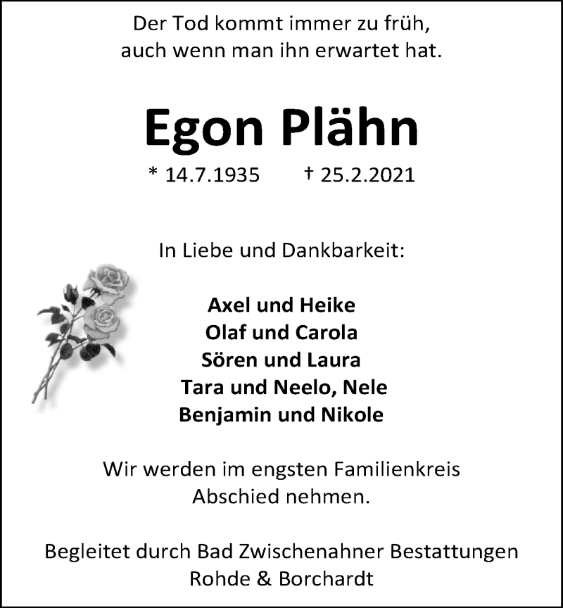  Traueranzeige für Egon Plähn vom 06.03.2021 aus Nordwest-Zeitung