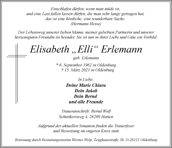 Traueranzeige von Elisabeth Erlemann von Nordwest-Zeitung