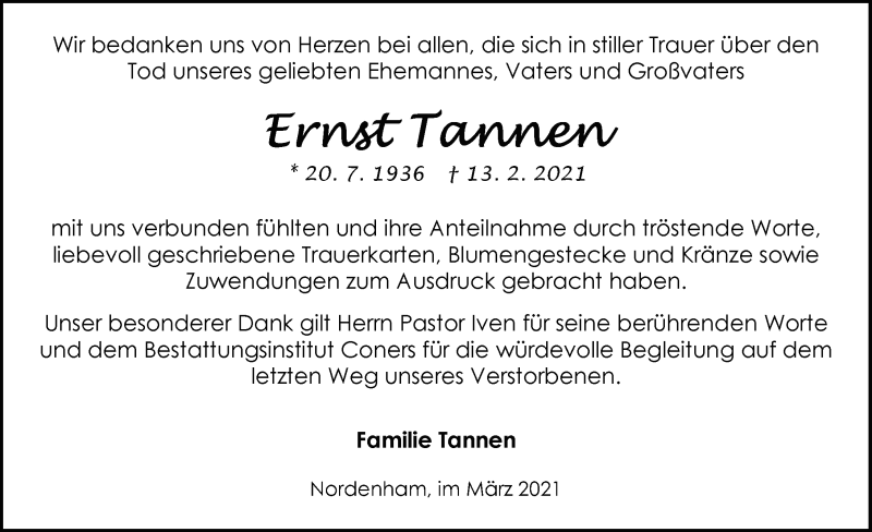  Traueranzeige für Ernst Tannen vom 20.03.2021 aus Nordwest-Zeitung