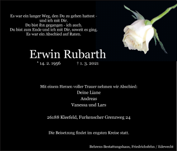 Traueranzeige von Erwin Rubarth von Nordwest-Zeitung