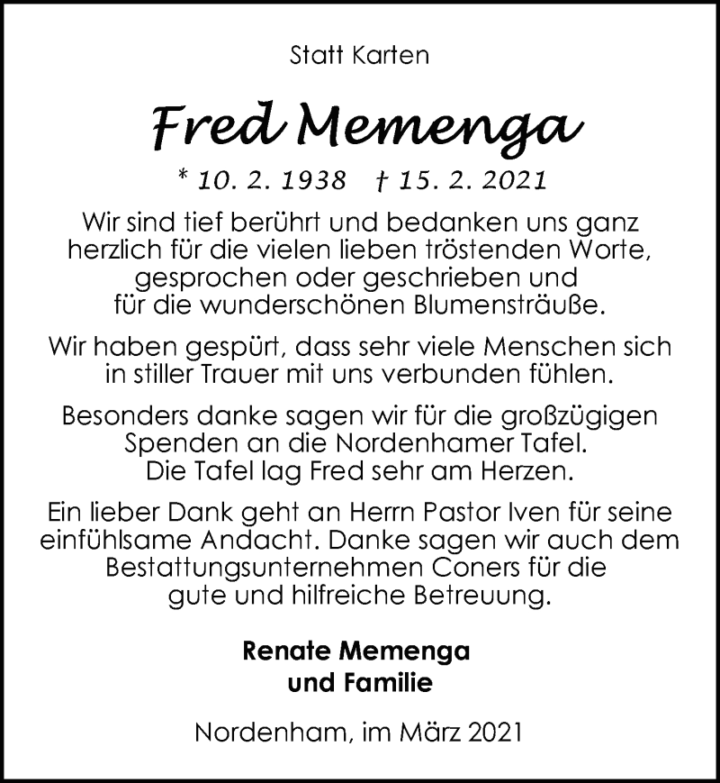  Traueranzeige für Fred Memenga vom 13.03.2021 aus Nordwest-Zeitung