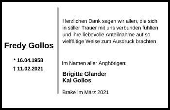 Traueranzeige von Fredy Gollos von Nordwest-Zeitung