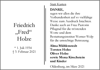 Traueranzeige von Friedrich Holze von Nordwest-Zeitung