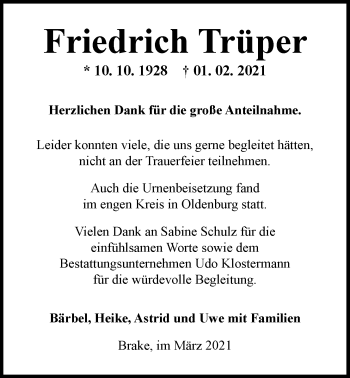 Traueranzeige von Friedrich Trüper von Nordwest-Zeitung