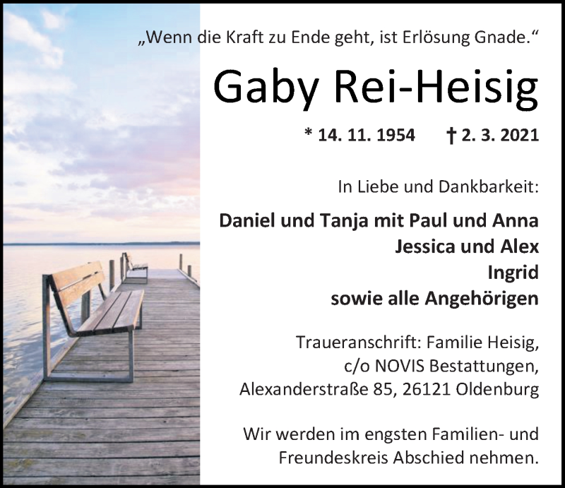  Traueranzeige für Gaby Rei-Heisig vom 06.03.2021 aus Nordwest-Zeitung